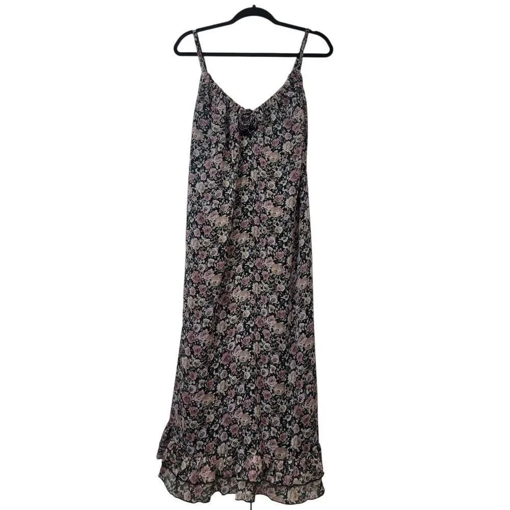 Mimi Chica Floral Dress Black Pink Cottagecore Ruffle Hem Spaghetti Strap